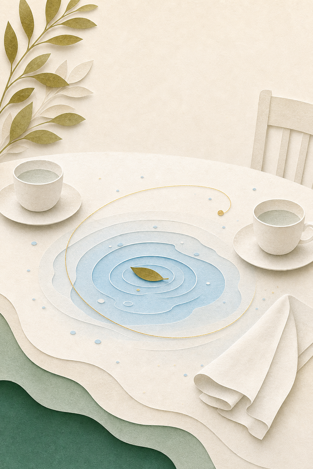 二つの器と青い波紋が残る食卓の切り絵調イラスト