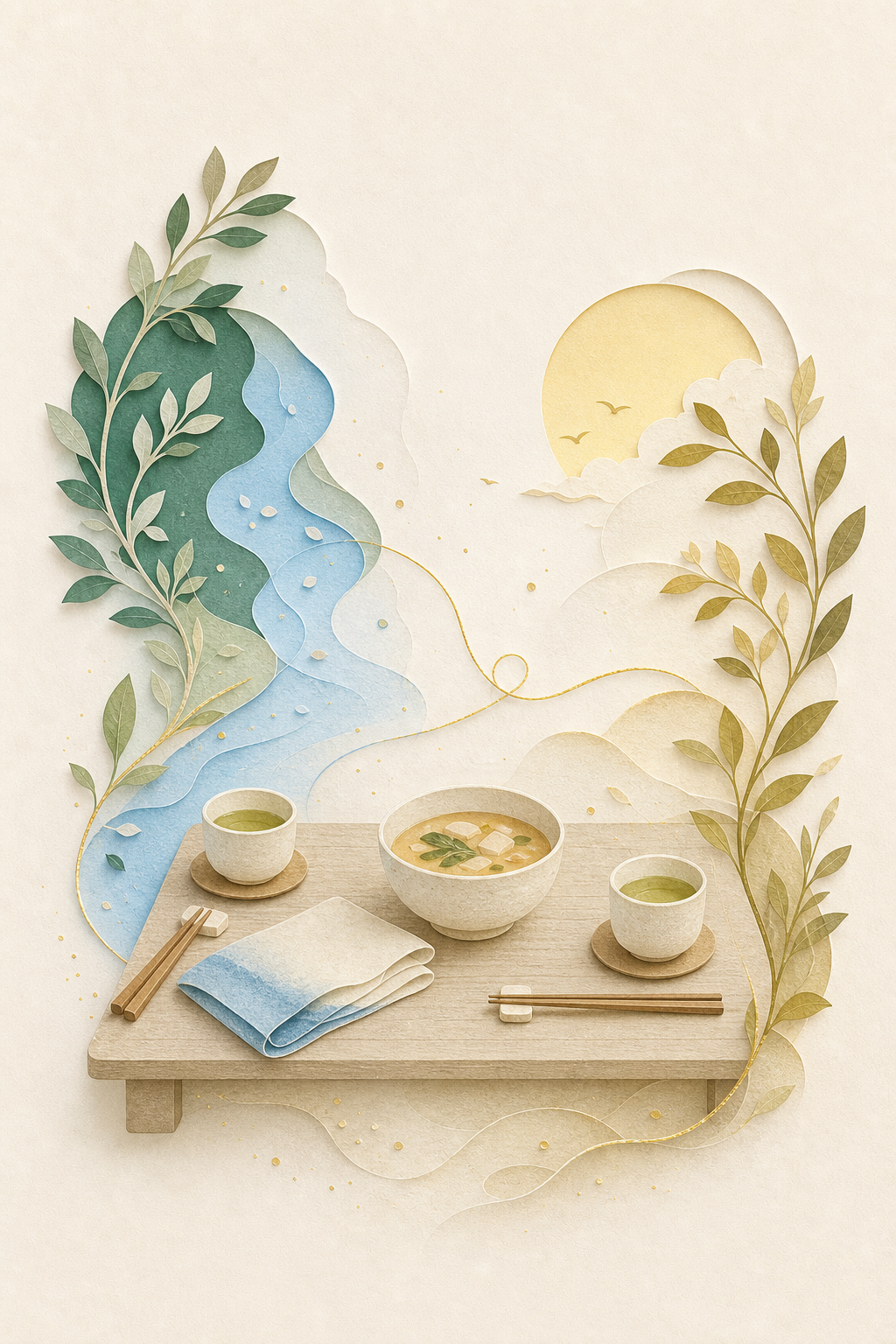 お茶と食事と二膳の箸が並ぶ食卓の切り絵調イラスト