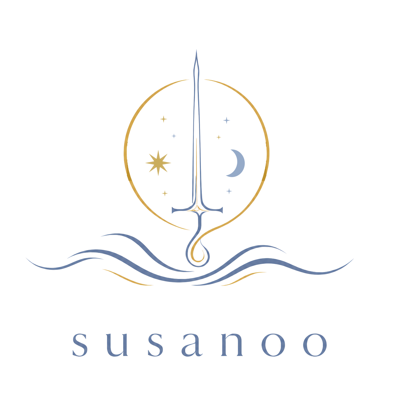 海に浮かぶ剣と、金色の太陽、青い三日月、星々を描いた susanoo のロゴ